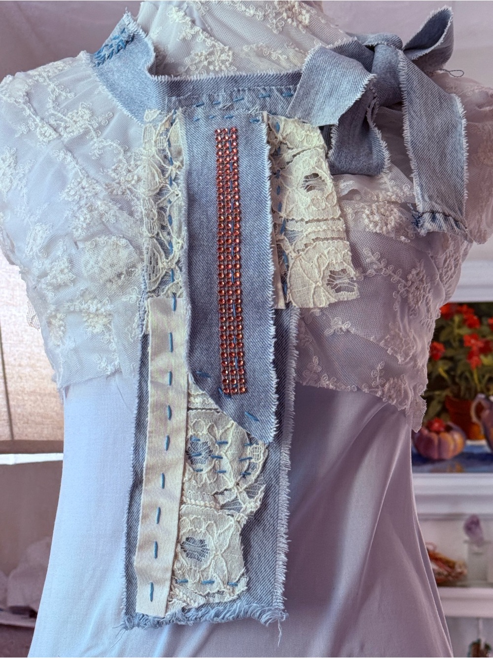 Hand Crafted Necktie Scarf Jabot Upcycled Denim Vintage Lace Artisan OS - Picture 4 of 9
